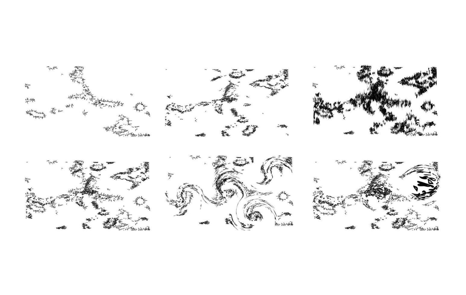 A versatile collection of six abstract black ink texture, minimal splatter effects, scattered grunge patterns, vertical scratch distortions, and dynamic fluid swirls. vector