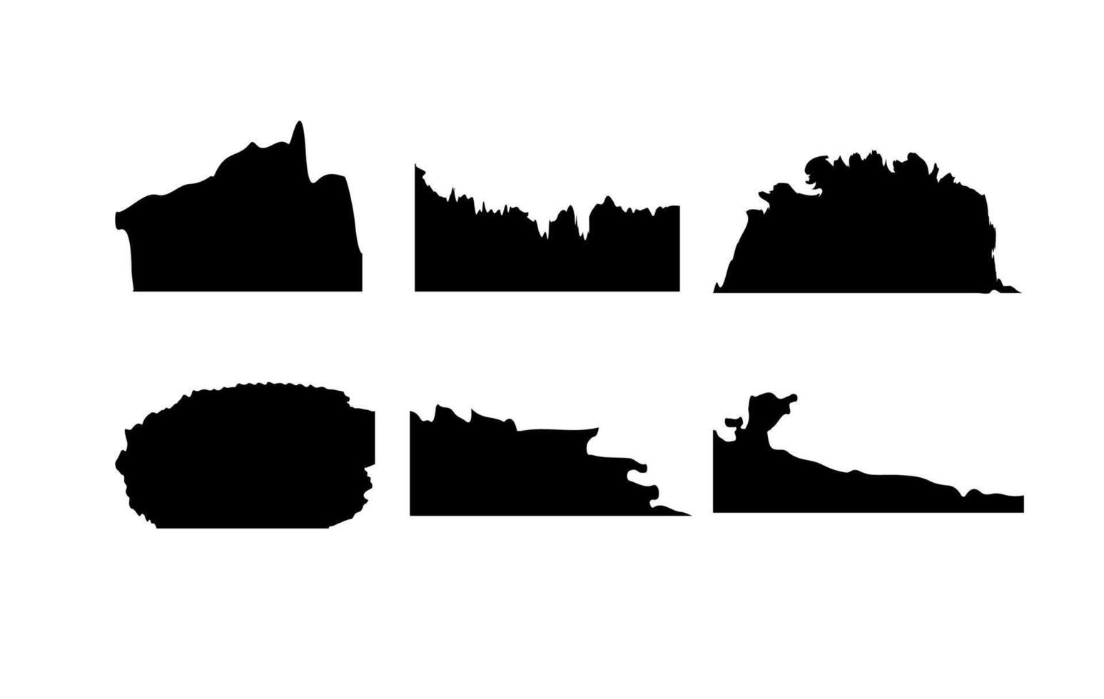A unique set of bold black mountain and cliff silhouettes featuring diverse rugged peaks, jagged edges, rocky formations, and organic land shapes vector