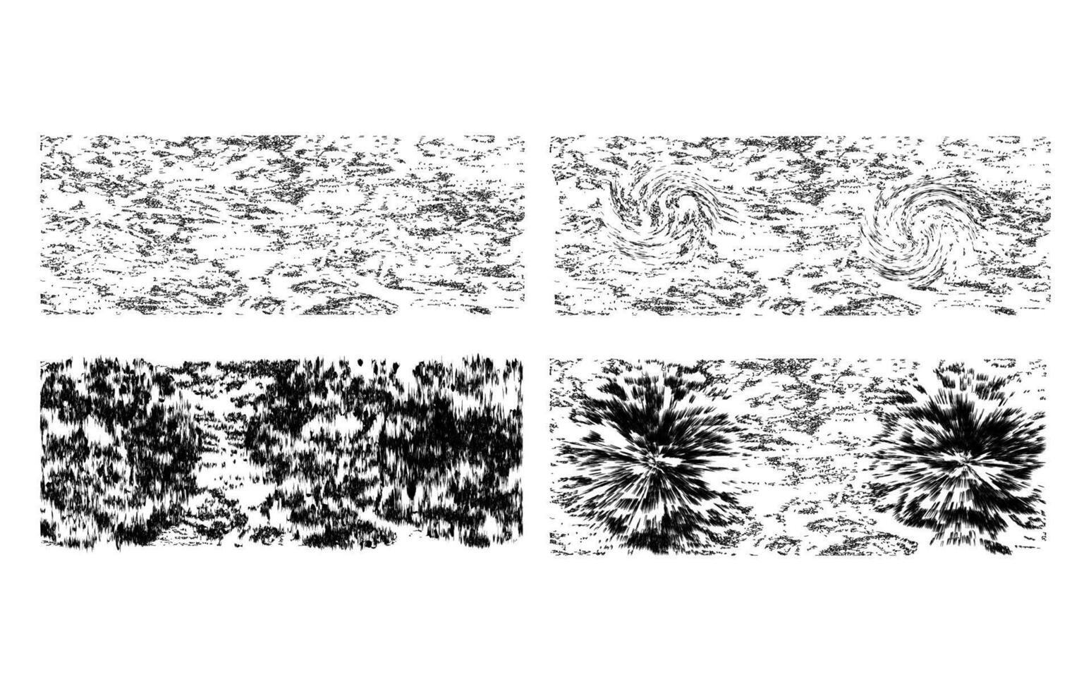 A Versatile collection of four abstract textures featuring minimal ink splatters, double fluid ink swirls, vertical scratch effects, and dynamic exploding bursts. Perfect for backgrounds, posters vector