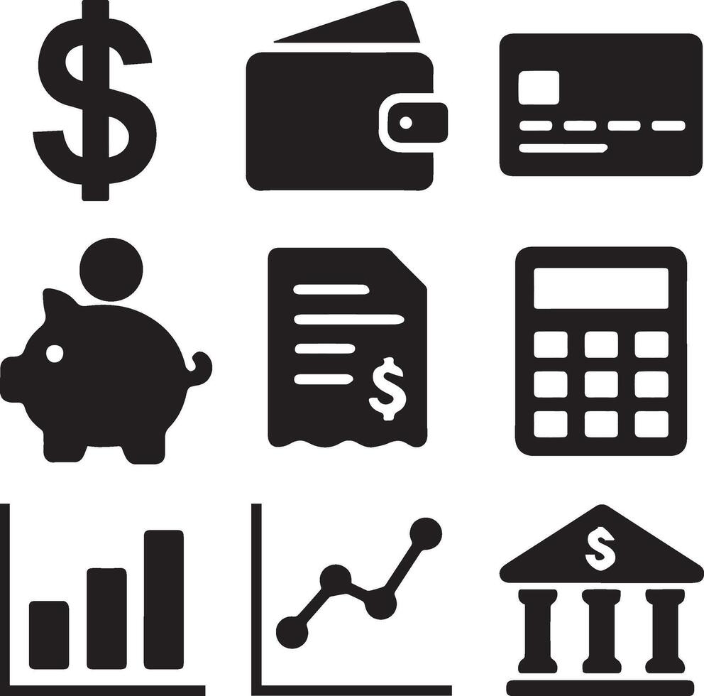 Flat Business Icon Set Silhouettes on White Background Including Dollar Sign, Wallet, Credit Card, Piggy Bank, Invoice, Calculator, Bar Chart, Line Chart, and Bank Building. vector