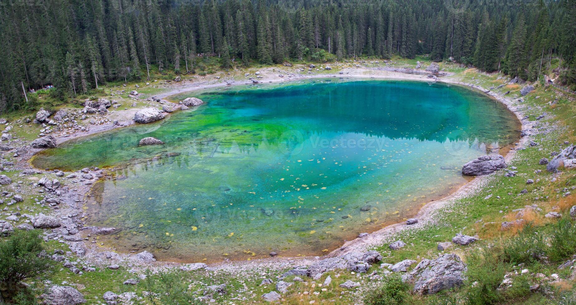 Aerial view of a turquoise lake surrounded by a dense forest on a bright day in the mountains photo