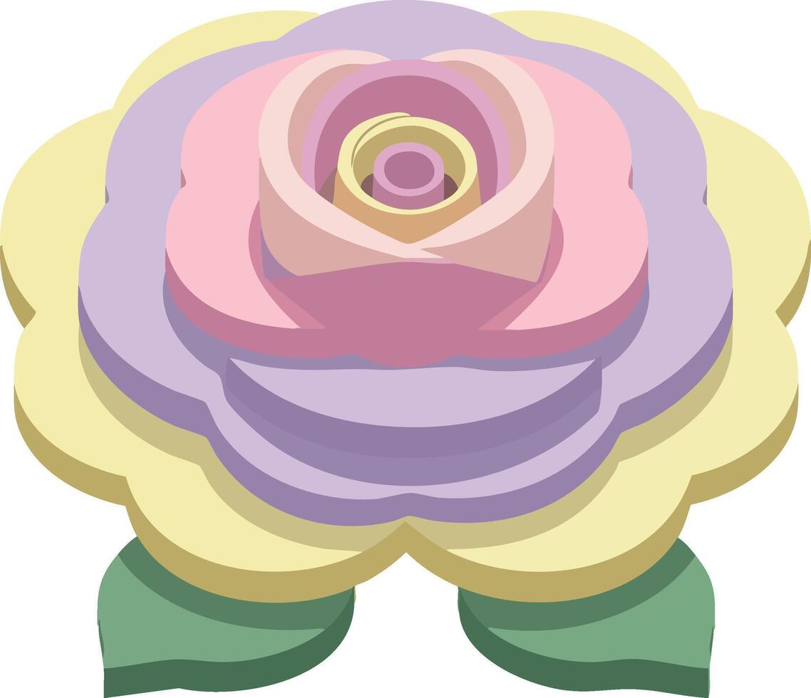 Layered pastel flower icon with pink purple and yellow petals and green leaves illustration vector