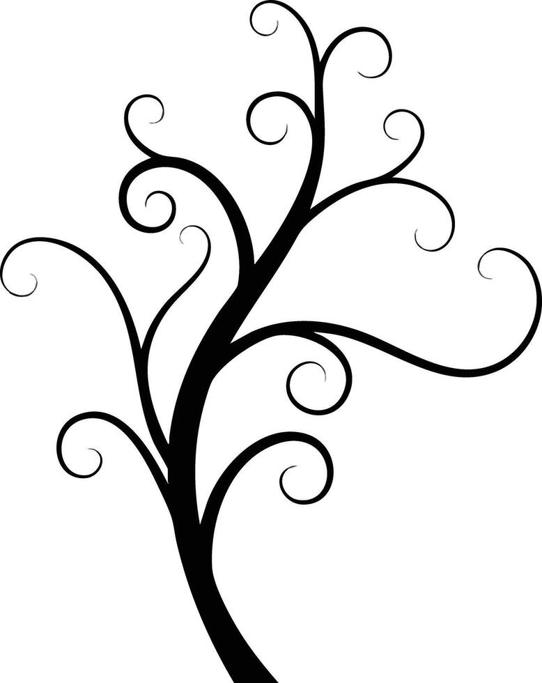 Abstract black swirl tree silhouette with curling branches on white background digital art vector