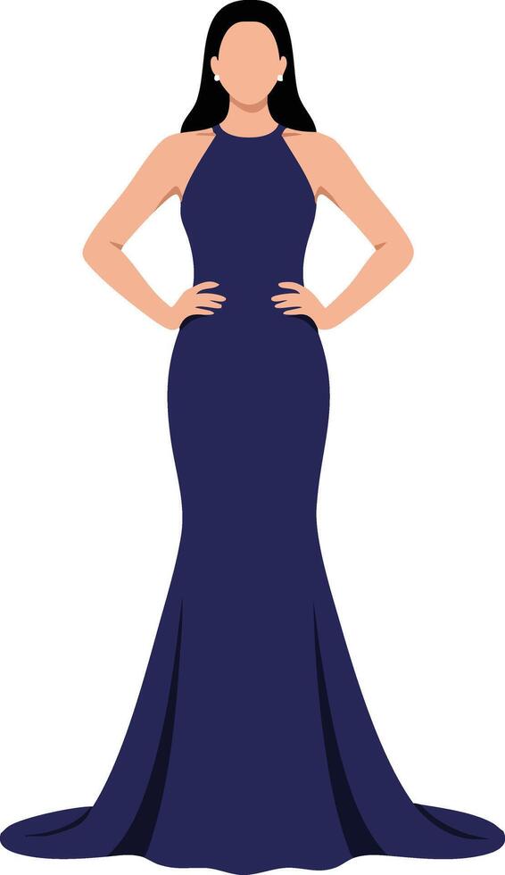 Woman wearing elegant navy blue evening gown with hands on hips isolated on white background vector