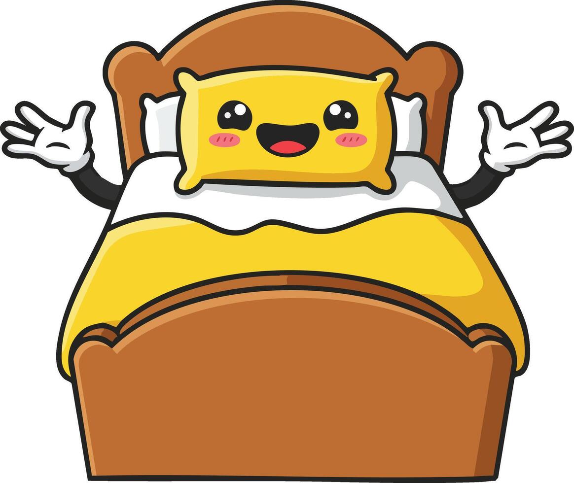 Cute yellow pillow with happy face lying in wooden bed with outstretched white-gloved hands cartoon illustration vector