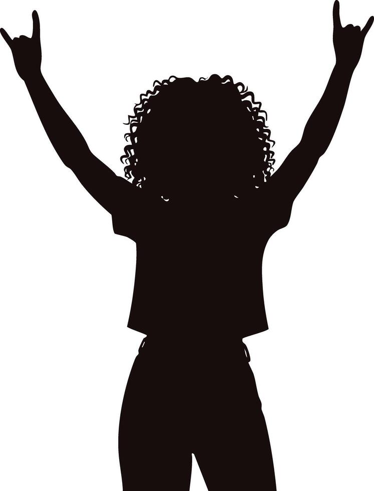 Silhouette of person with curly hair showing rock and roll hand gesture on white background vector