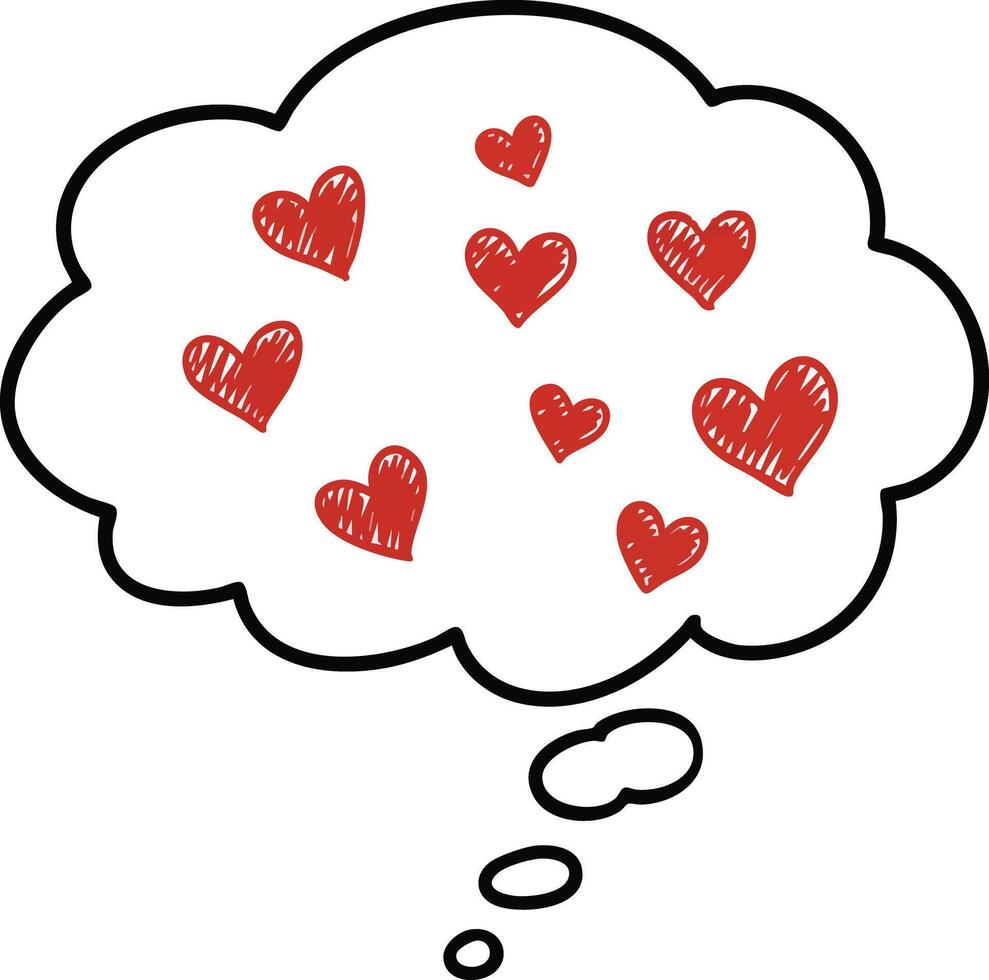 Thought bubble with red hand-drawn hearts symbolizing love and affection in simple sketch style vector