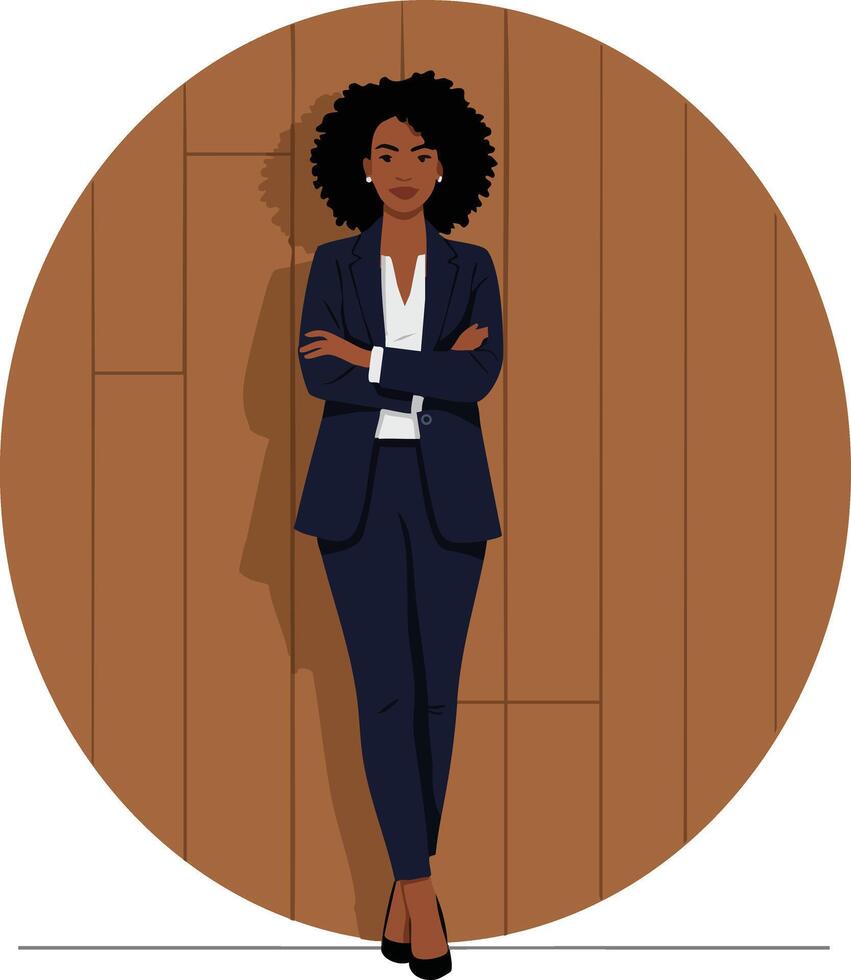 Confident businesswoman standing with crossed arms in navy blue suit on wooden floor background in portrait orientation vector