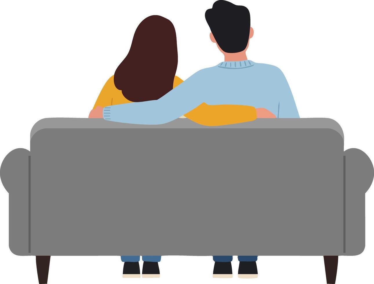 Couple sitting together on gray sofa seen from behind in simple flat design illustration vector