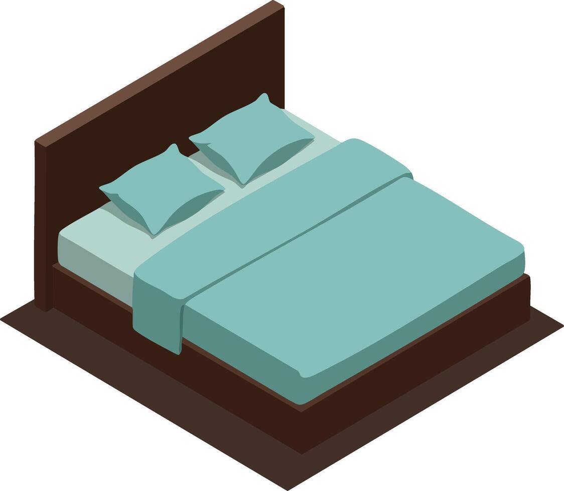 Modern bed with teal bedding and dark brown wooden frame isometric bedroom furniture design vector