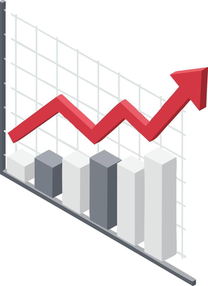 Rising red arrow graph with gray bar chart showing growth trend and financial progress in business analytics vector