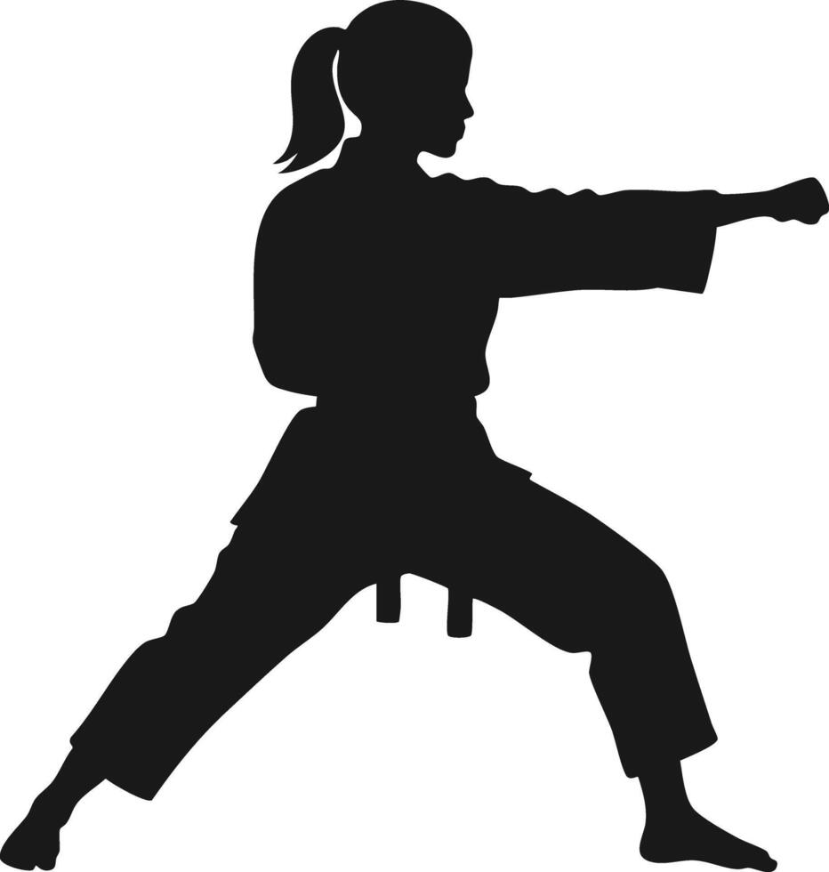 Female martial artist practicing karate stance silhouette in black and white studio image vector