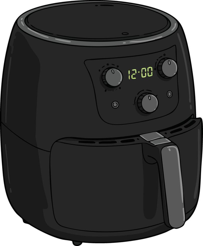 Black digital air fryer with control knobs and timer display for easy cooking and healthy meals vector