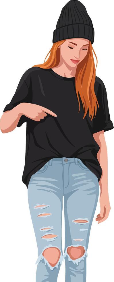 Young woman in black beanie and ripped jeans looking down and pointing at her shirt casual style urban fashion vector