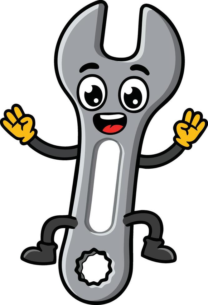 Animated happy wrench character with yellow gloves and expressive eyes in playful pose for tool concepts vector