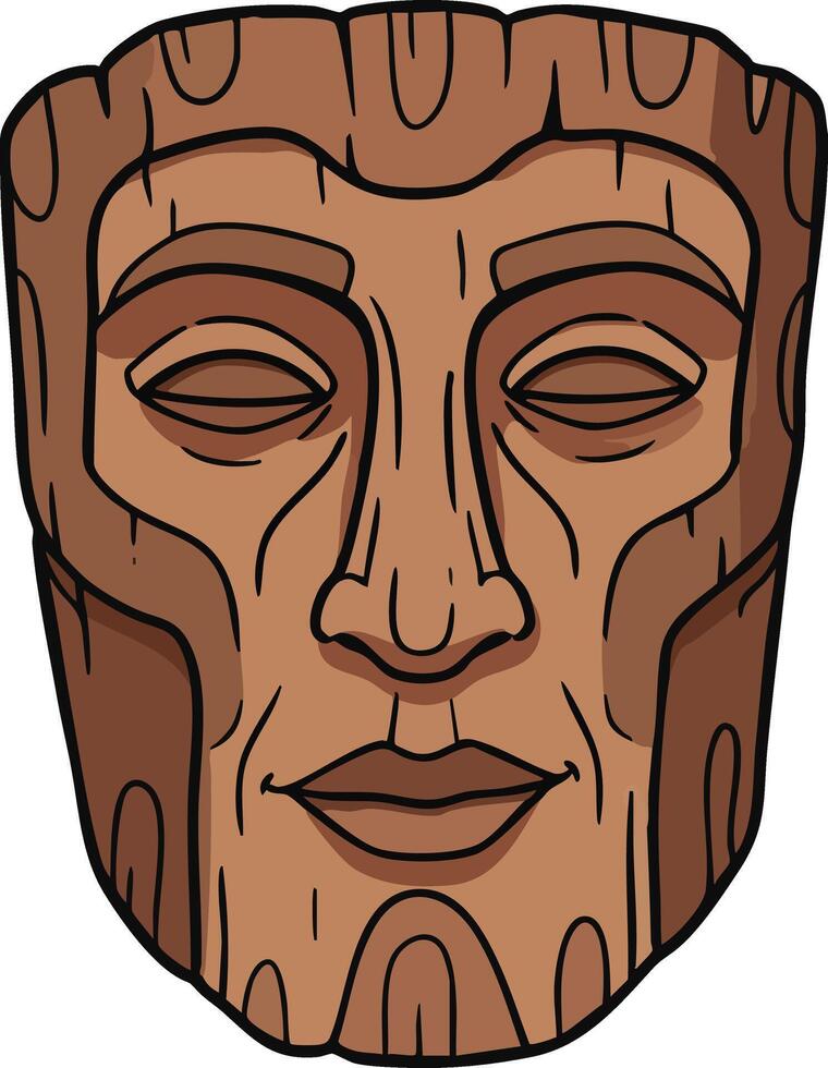 Wooden carved tribal mask with detailed facial features and textured grain surface art piece vector