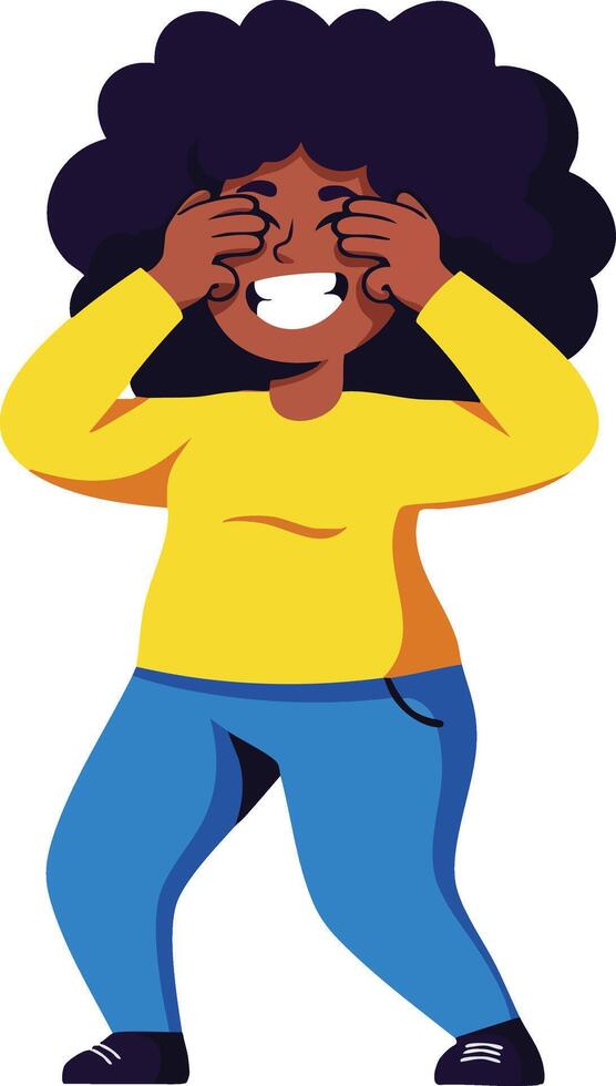 Smiling woman with afro hairstyle wearing yellow sweater and blue jeans covering eyes in playful gesture vector