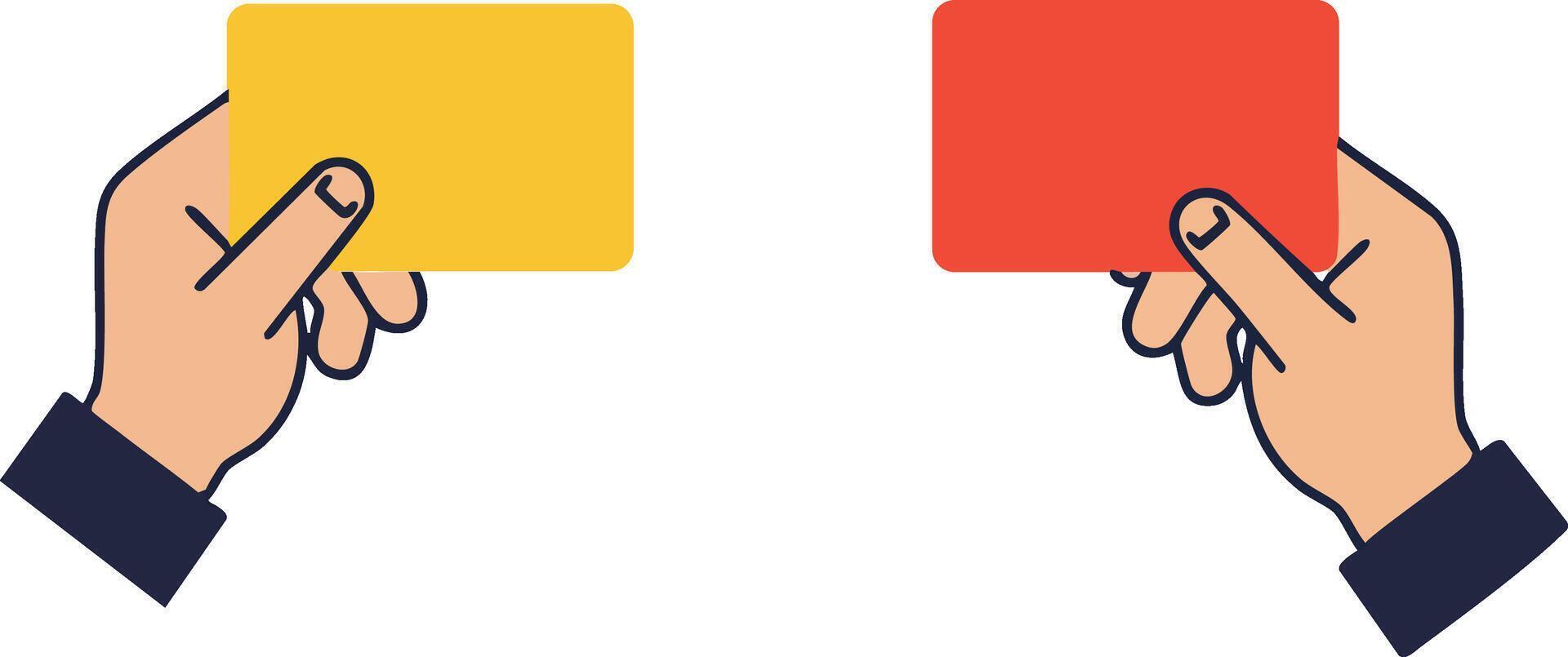 Hands holding yellow and red cards for decision making or signaling in sports and communication activities vector