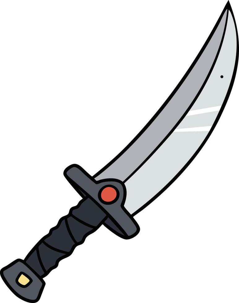 Curved sword with black handle and red button in cartoon style illustration vector