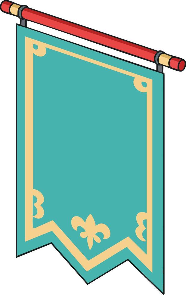 Decorative teal banner with golden trim and fleur-de-lis pattern hanging on red rod in isometric style vector