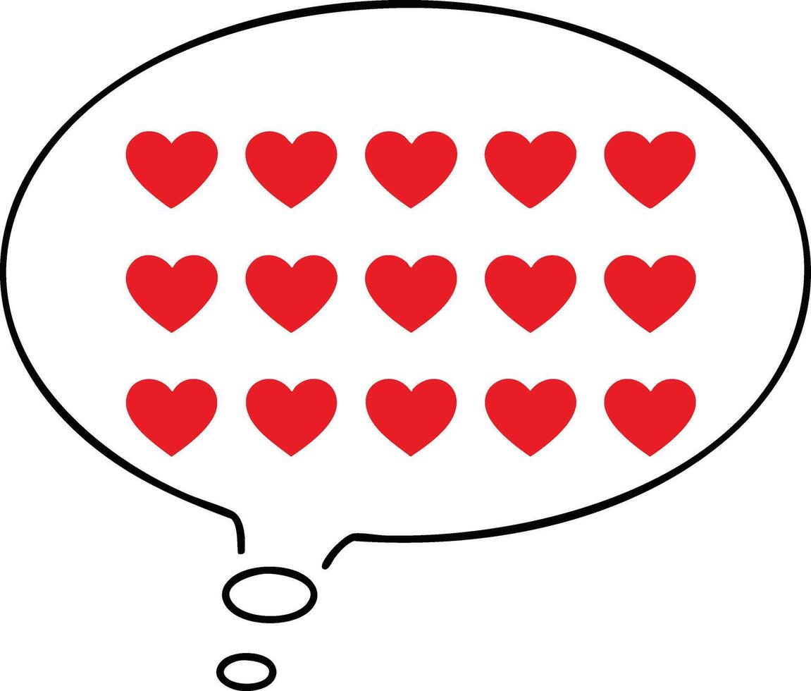 Thought bubble filled with multiple red heart symbols representing love and affection in simple line art style vector
