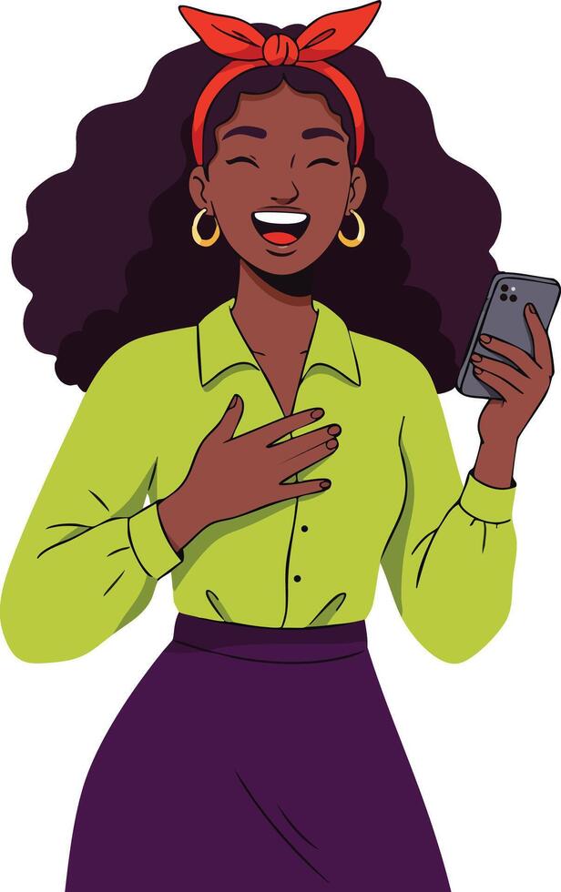 Young woman laughing while holding smartphone with red headband and green blouse in digital illustration vector
