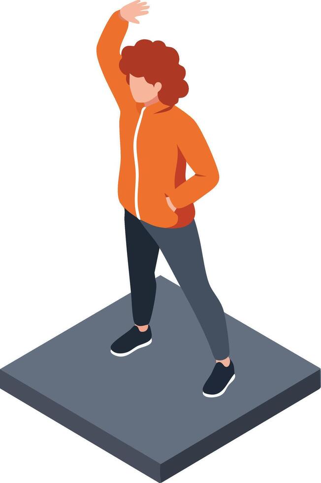 Person in orange jacket and black pants standing on gray platform with raised arm in isometric style digital illustration vector