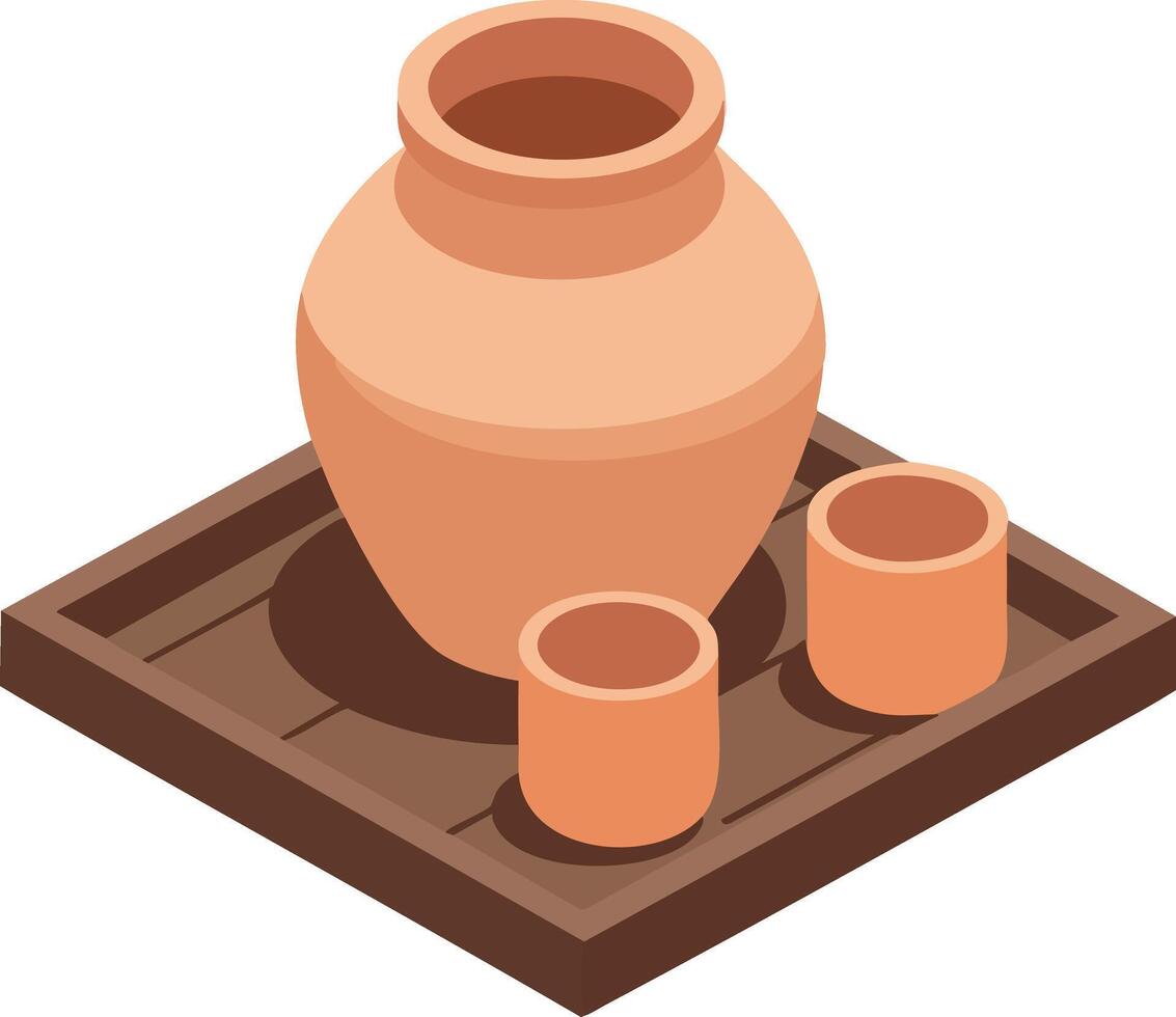 Terracotta water jar with two cups on wooden tray illustration in isometric style vector
