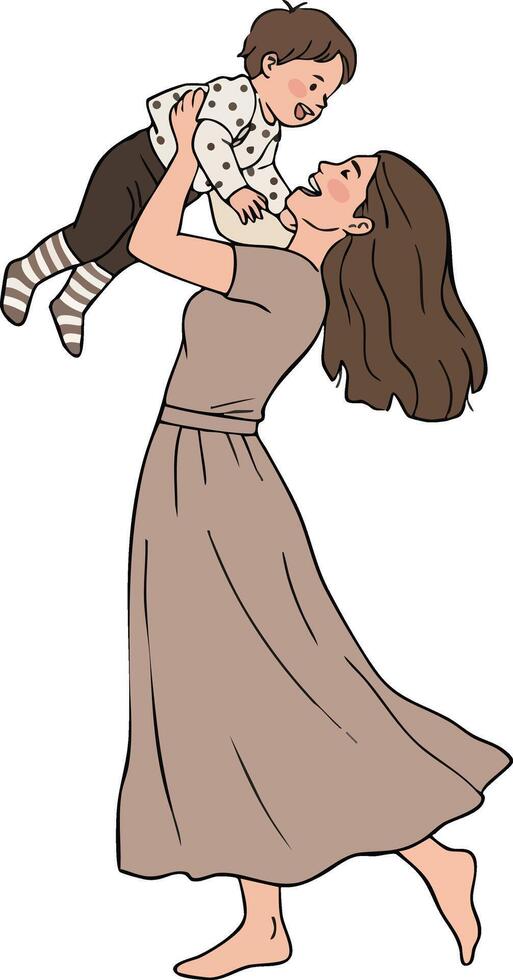 Mother playing with baby child in flowing dress joyful family moment affectionate connection vector