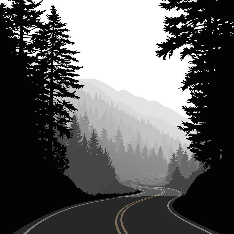 Winding mountain road through dense forest with layered pine trees and misty hills illustration vector