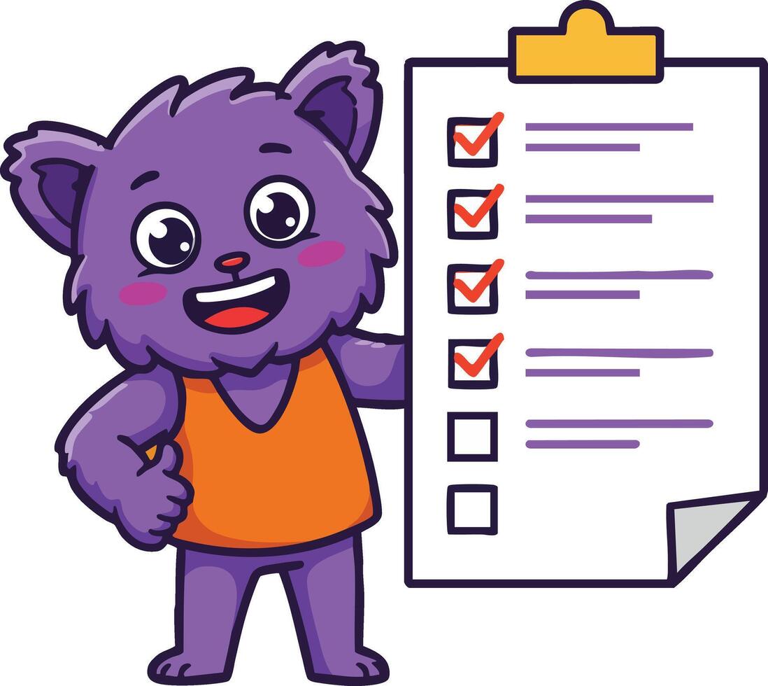 Purple cartoon bear holding checklist with orange shirt and happy expression in style vector