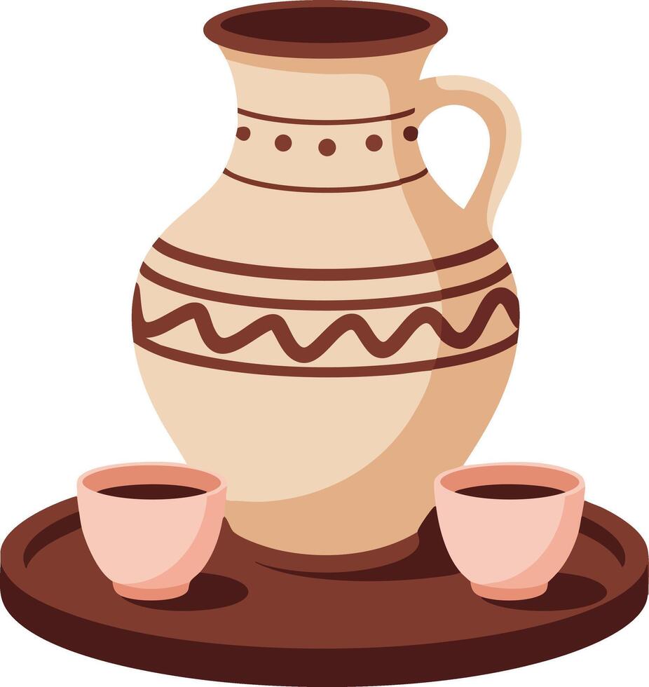 Traditional ceramic jug with two small cups on wooden tray simple kitchenware illustration vector