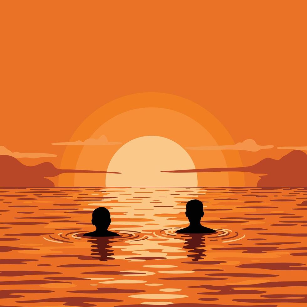Two people swimming in sunset sea with orange sky and distant mountains illustration vector