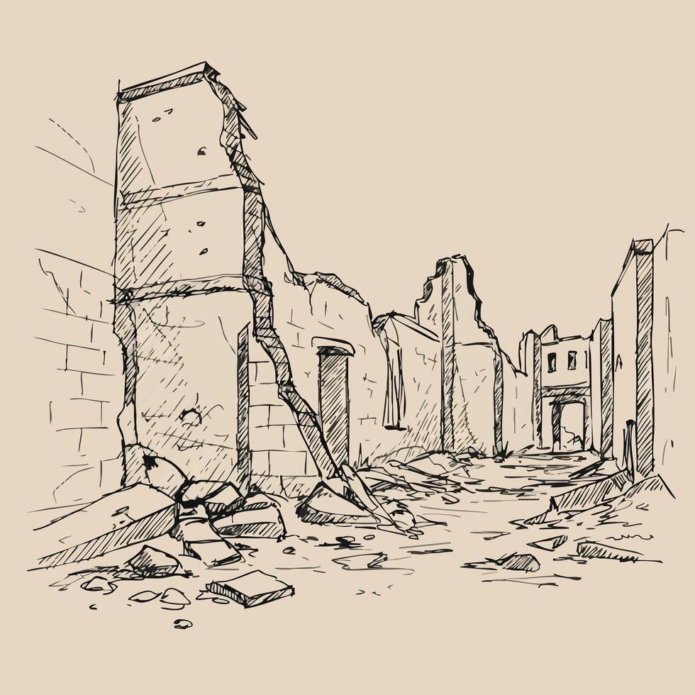 Ruined buildings sketch drawing of abandoned urban street with collapsed walls and scattered debris illustration vector