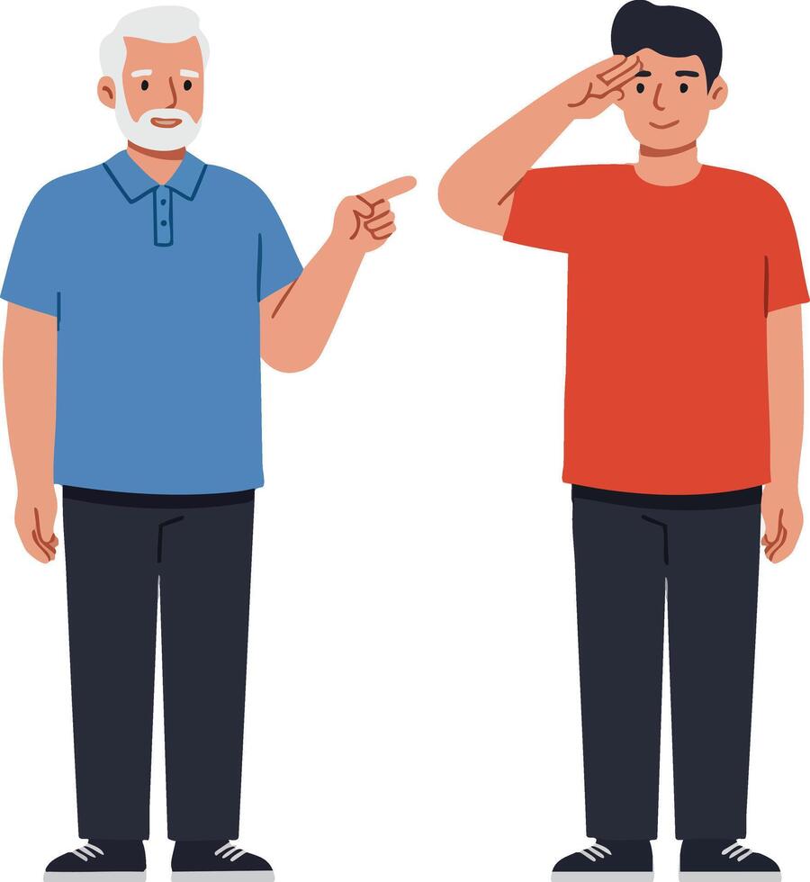 Elderly man pointing at young man saluting in casual clothes on white background natural gesture interaction vector