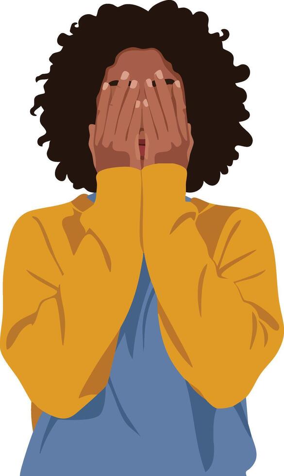 Woman covering face with hands wearing mustard yellow sweater and blue shirt isolated on white background vector