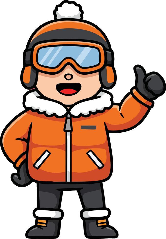 Child wearing orange winter jacket with fur hood and goggles giving thumbs up gesture in cold weather outfit vector