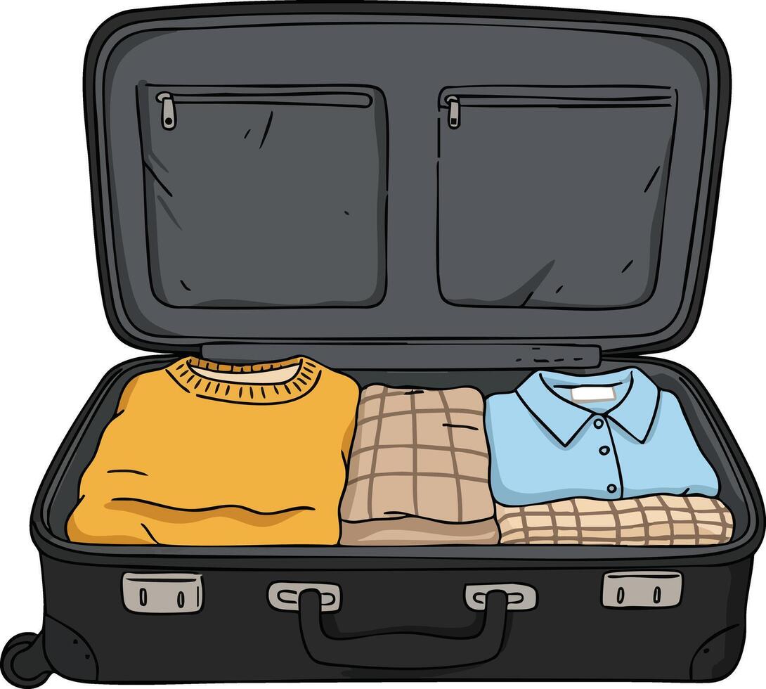 Open suitcase packed with casual clothing including sweater shirt and pants for travel and vacation preparation illustration vector