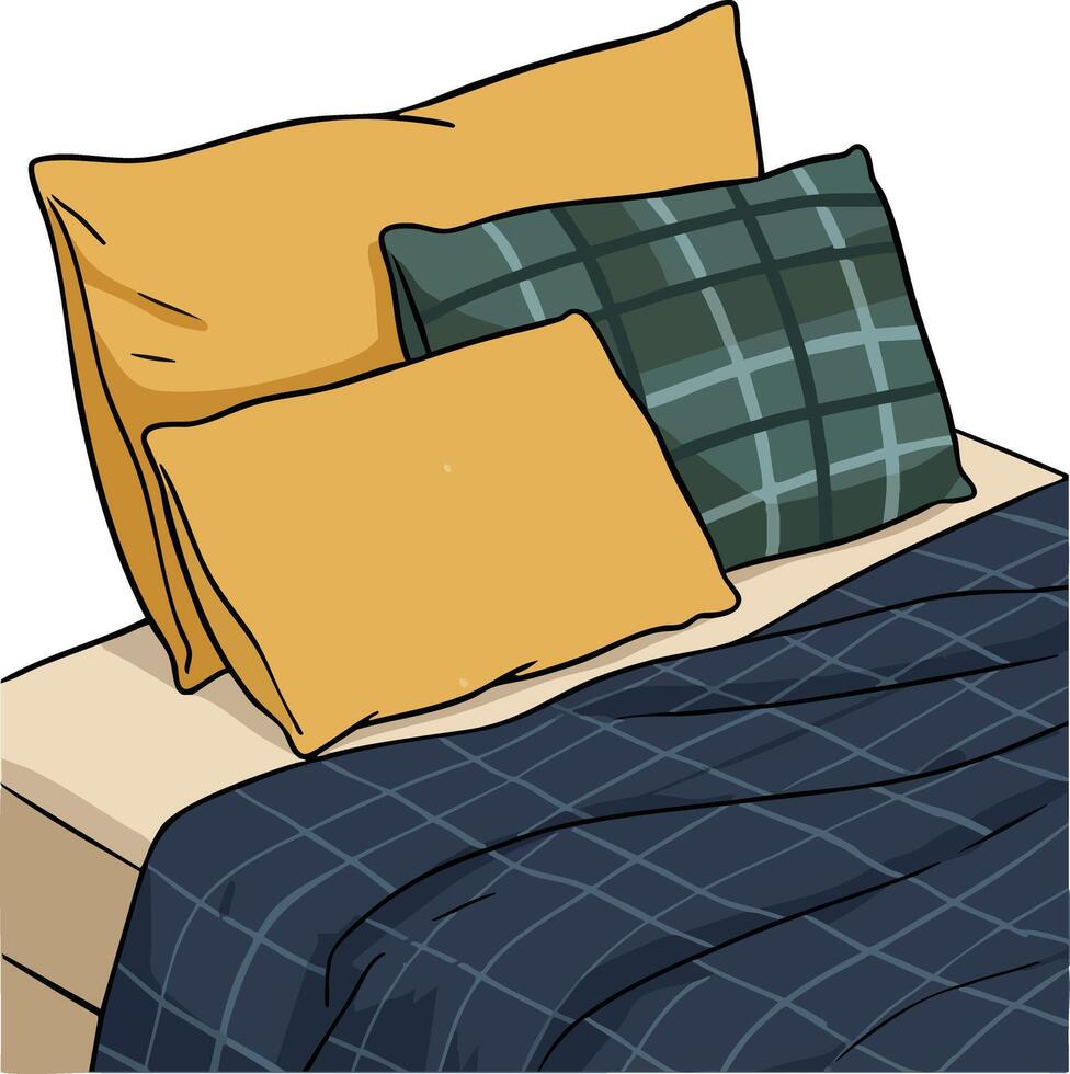 Cozy bed with mustard yellow and green plaid pillows and navy blue checkered blanket illustration vector