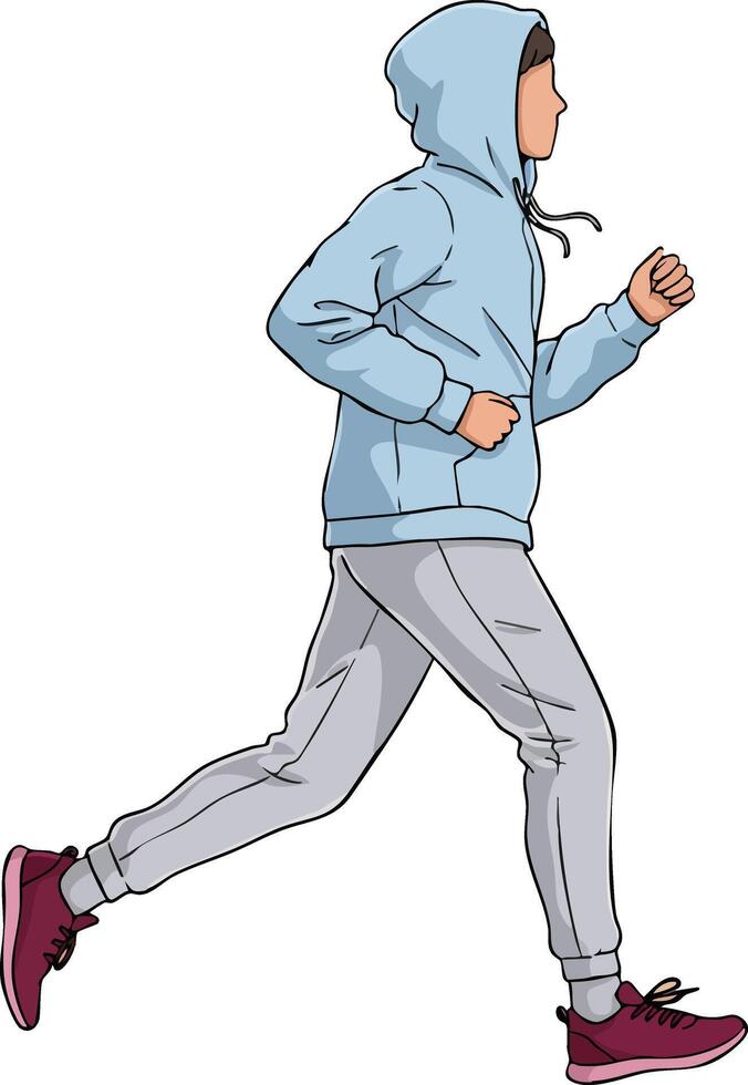 Person running in blue hoodie and grey sweatpants with maroon sneakers side view natural movement vector
