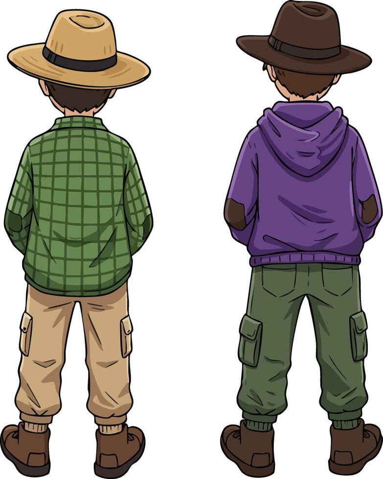 Two boys wearing hats and casual clothes standing with backs turned in illustration vector