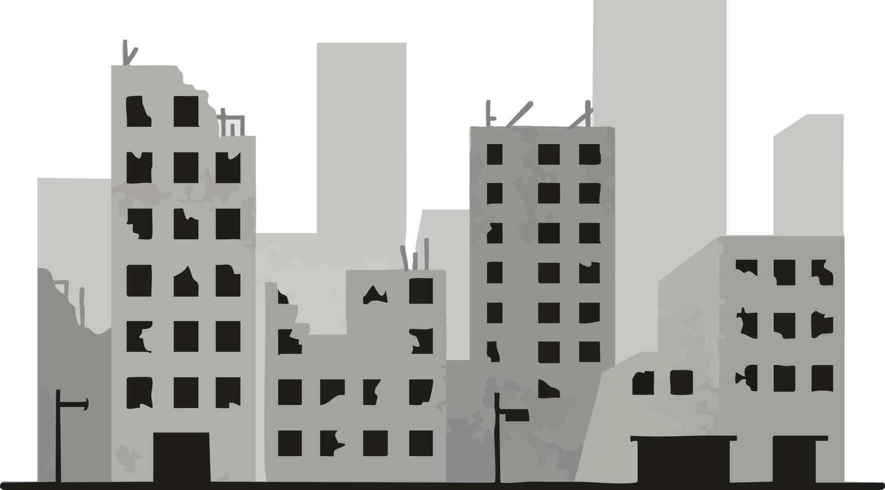 Urban abandoned buildings silhouette with broken windows and damaged structure in gray shades cityscape illustration vector