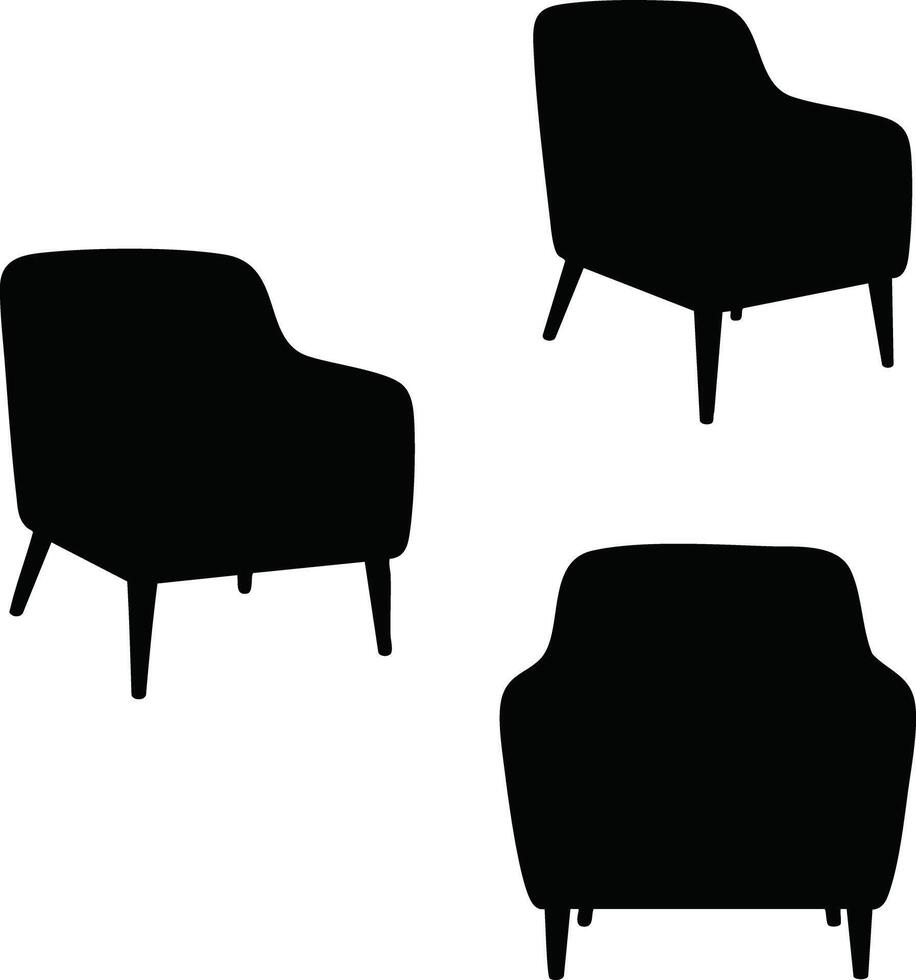 Modern armchair silhouette set with three different views for interior design and furniture illustration vector