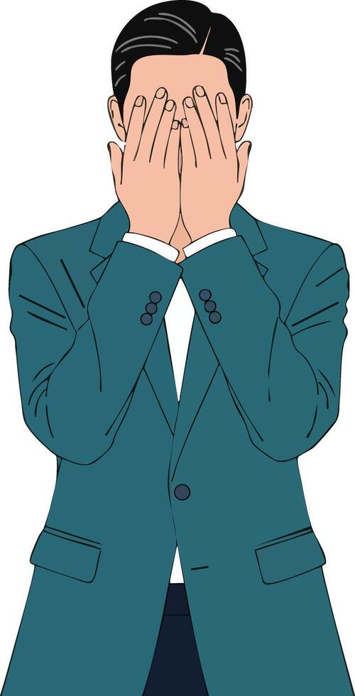 Man covering face with hands wearing blue suit jacket expressing shyness or embarrassment illustration vector