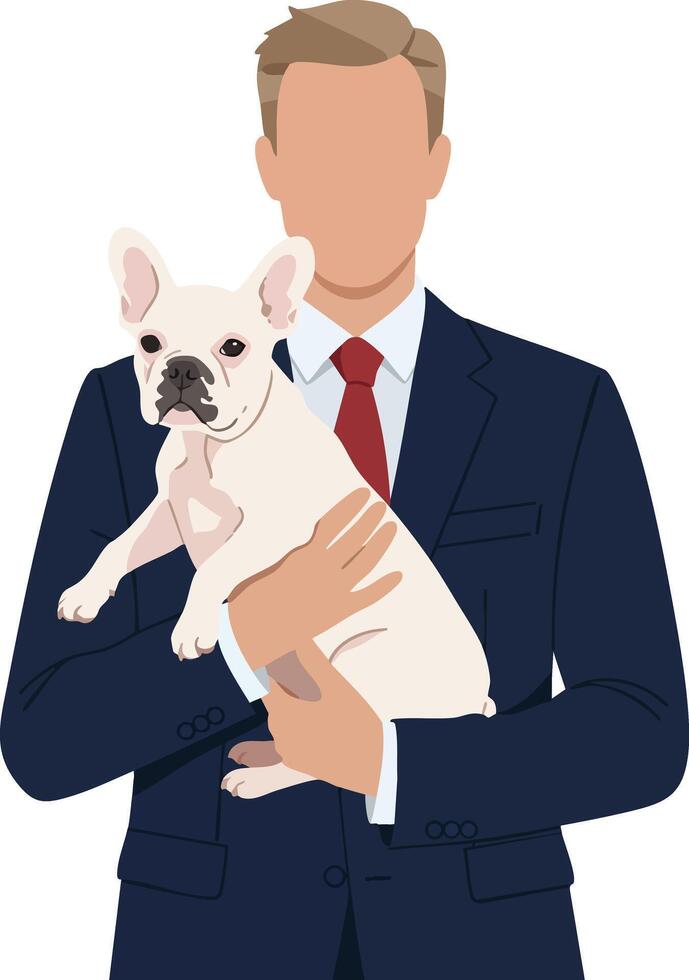 Man in blue suit holding white French bulldog pet animal in arms illustration vector