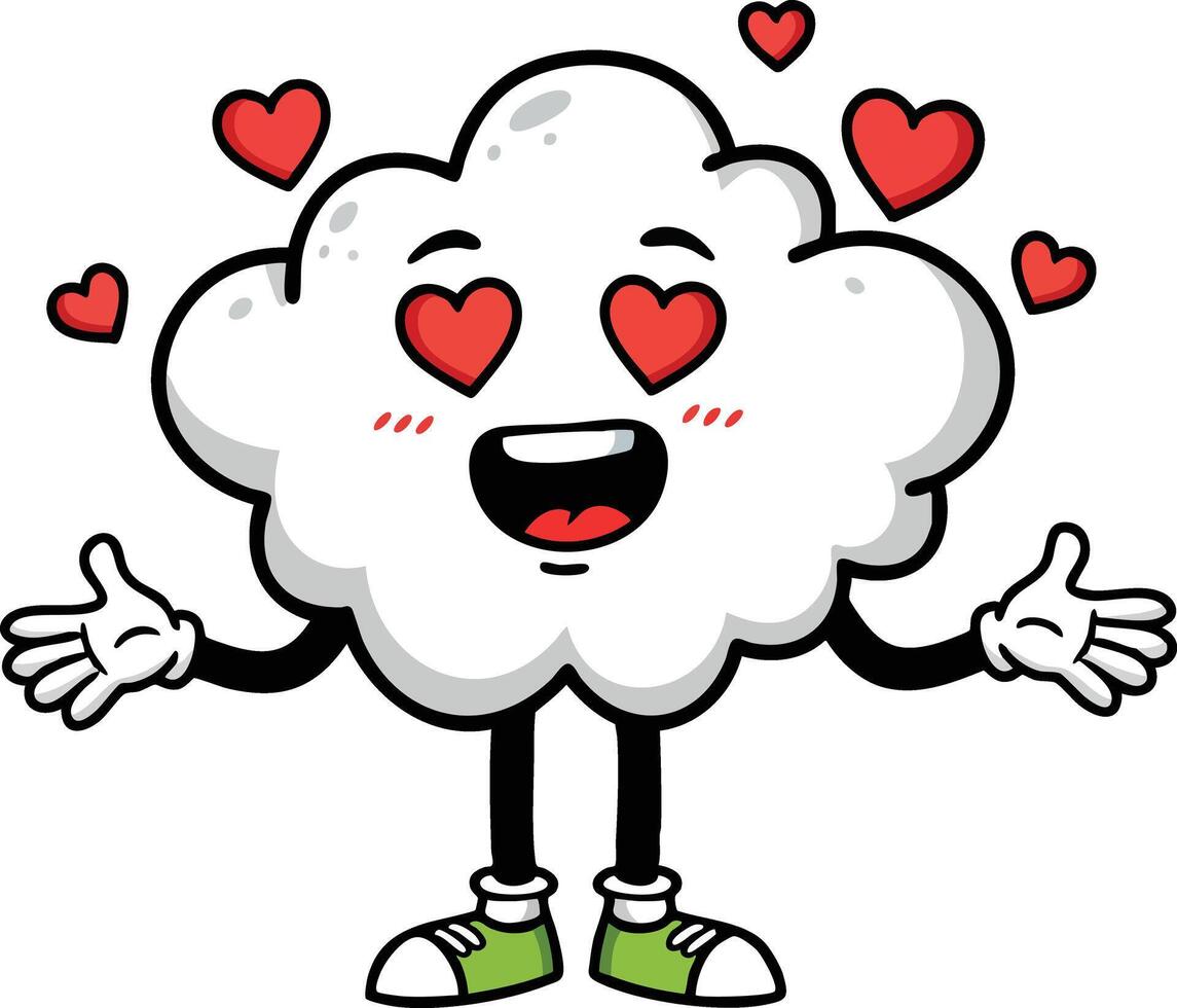Cartoon white cloud character with heart eyes expressing love and happiness in fun illustration vector