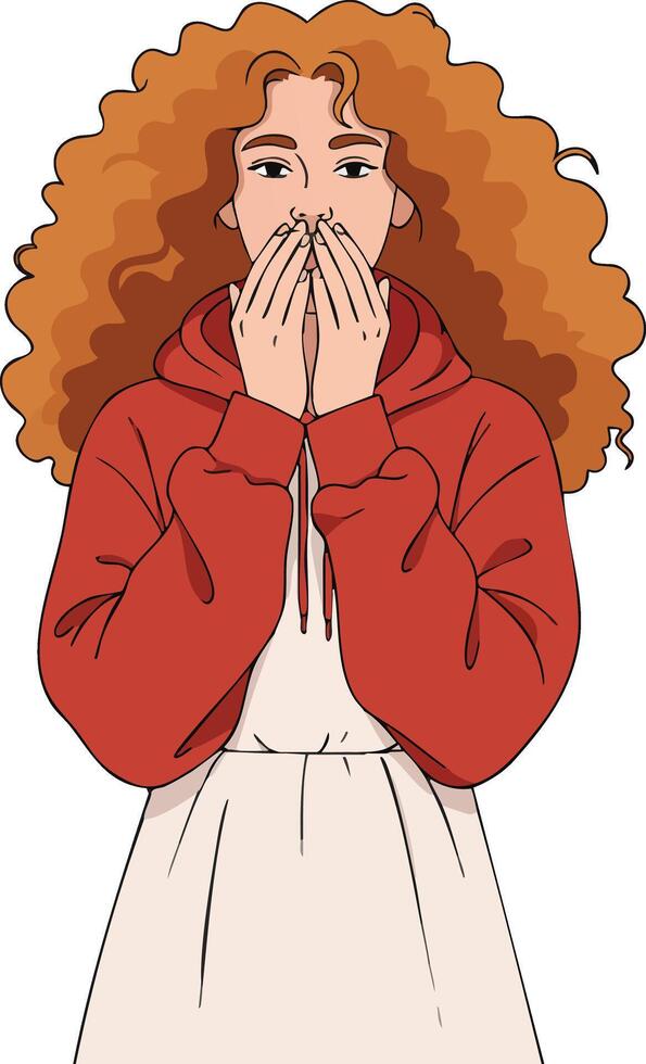 Woman with curly hair wearing red hoodie covering mouth in surprise illustration vector