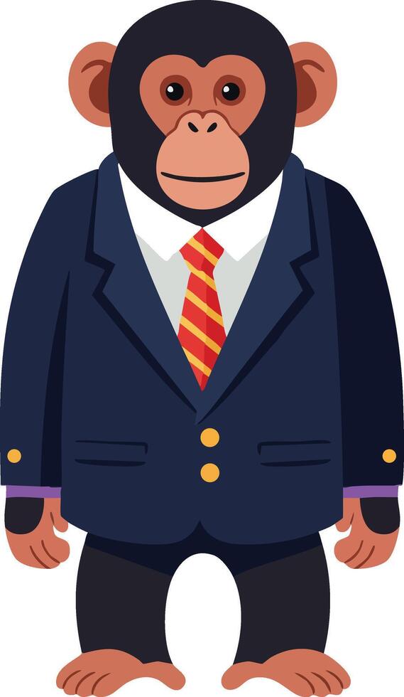 Chimpanzee wearing business suit and striped tie standing upright illustration in formal attire vector