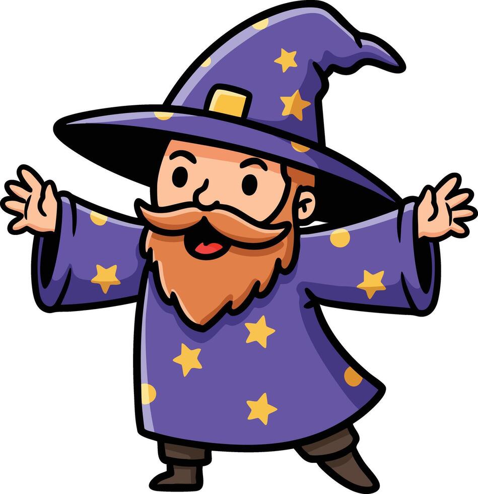 Cartoon wizard character in purple starry robe and hat with beard and mustache welcoming gesture illustration vector