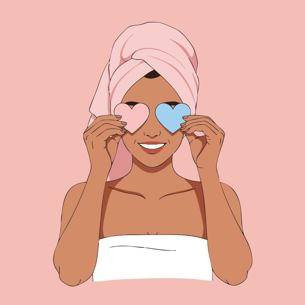 Woman with pink towel holding heart shapes over eyes on pastel background illustration for skincare and self care concepts vector